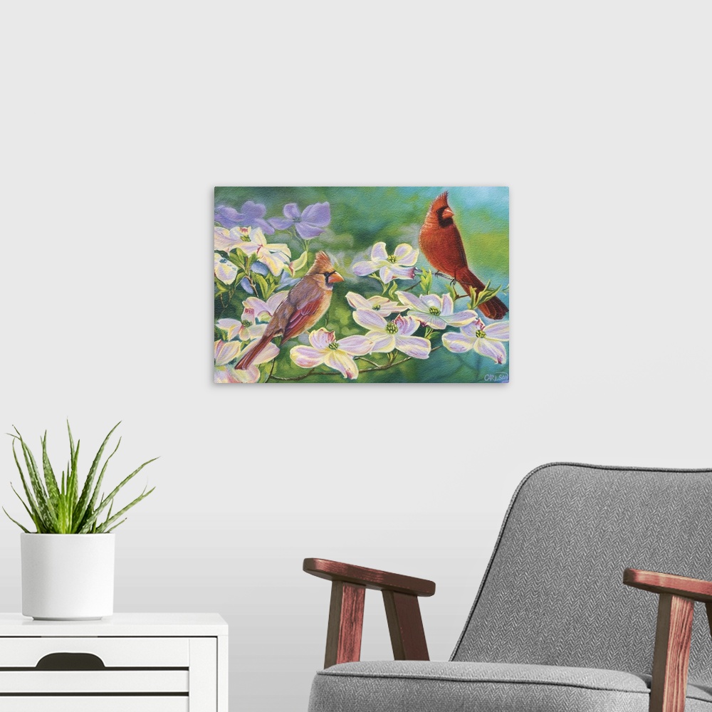 A modern room featuring cardinal pair on dogwoodsbird spring