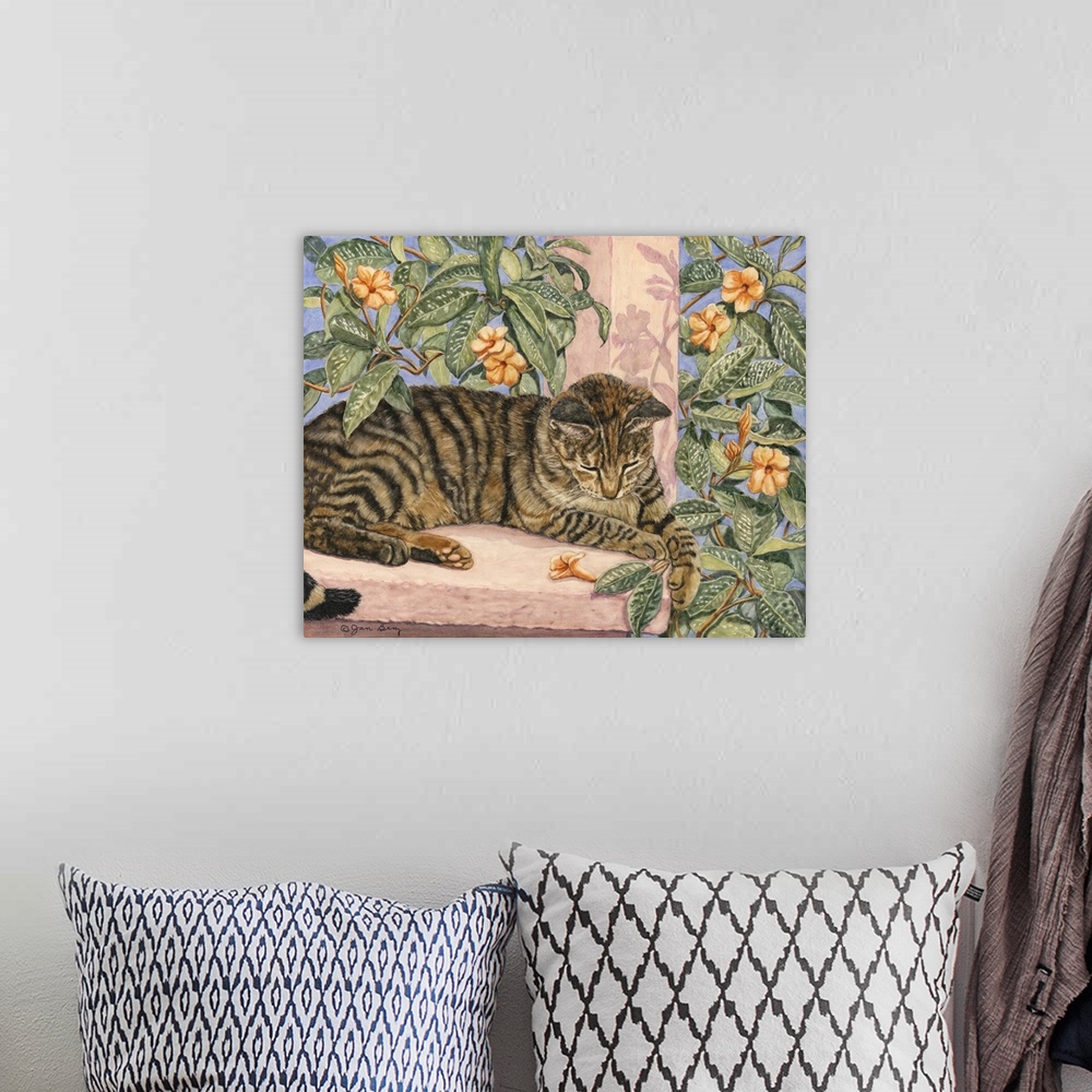 A bohemian room featuring Contemporary colorful cat painting.