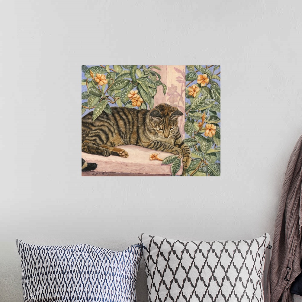 A bohemian room featuring Contemporary colorful cat painting.