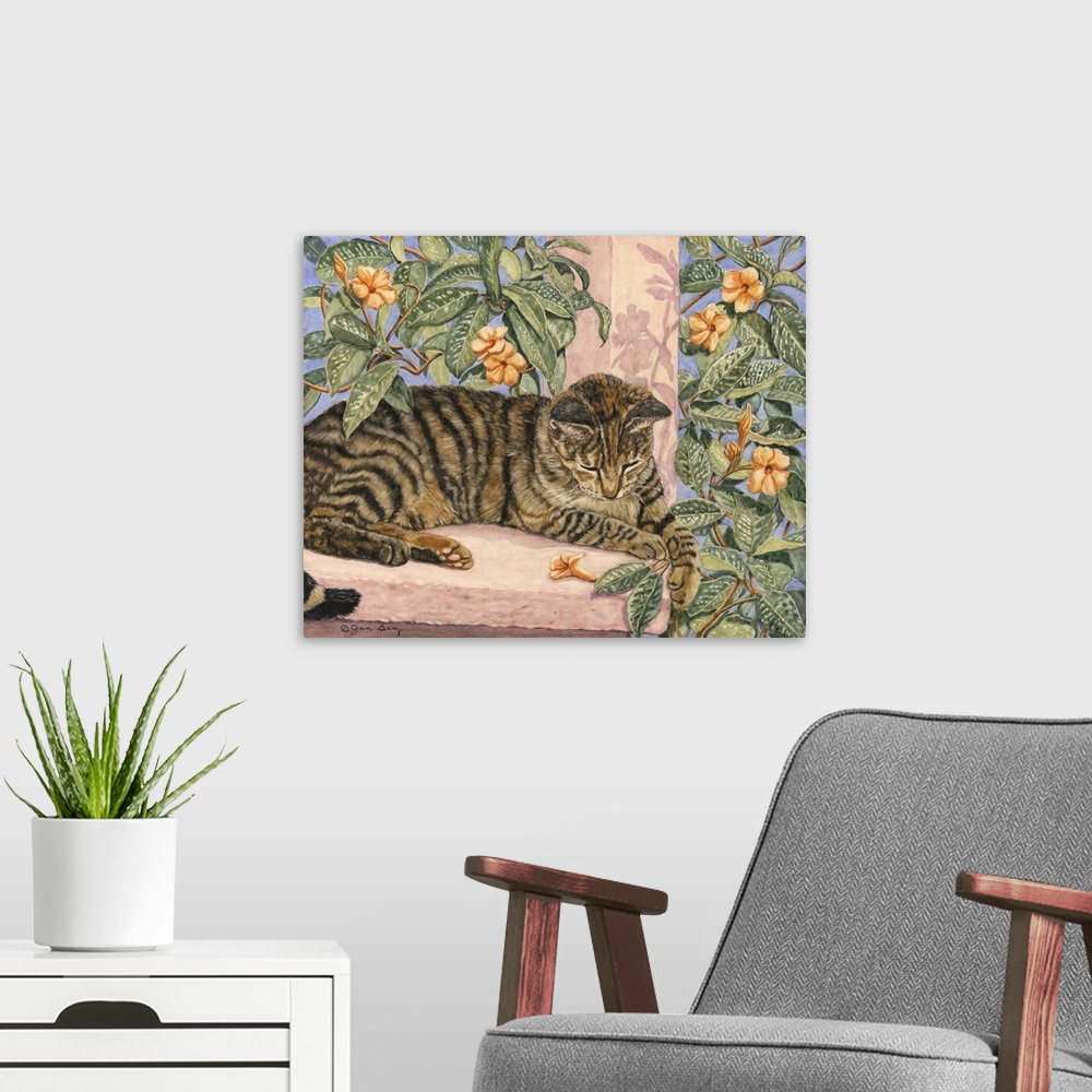 A modern room featuring Contemporary colorful cat painting.