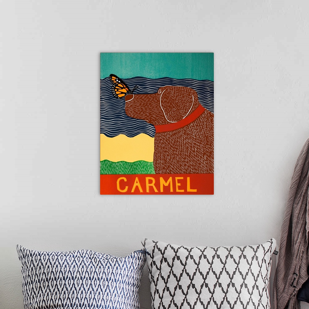 A bohemian room featuring Illustration of a chocolate lab at the beach in Carmel with an orange butterfly on its nose and "...