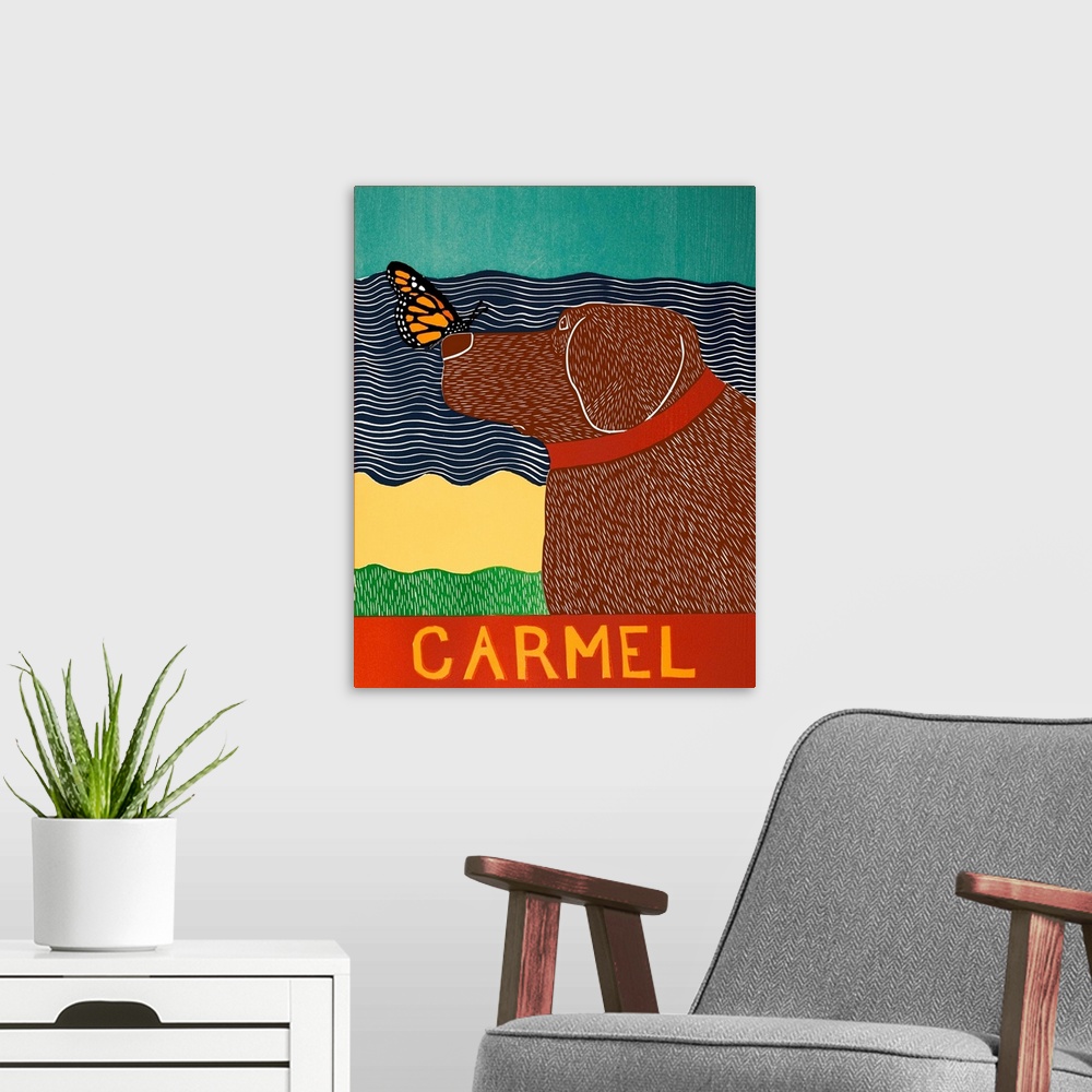 A modern room featuring Illustration of a chocolate lab at the beach in Carmel with an orange butterfly on its nose and "...