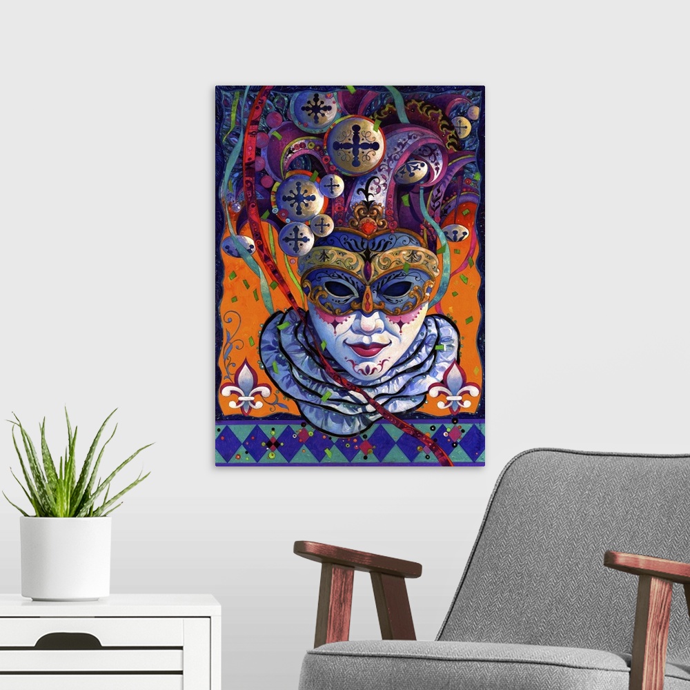 A modern room featuring Contemporary artwork of a carnival or Mardi Gras mask decorated with ornate patterns.