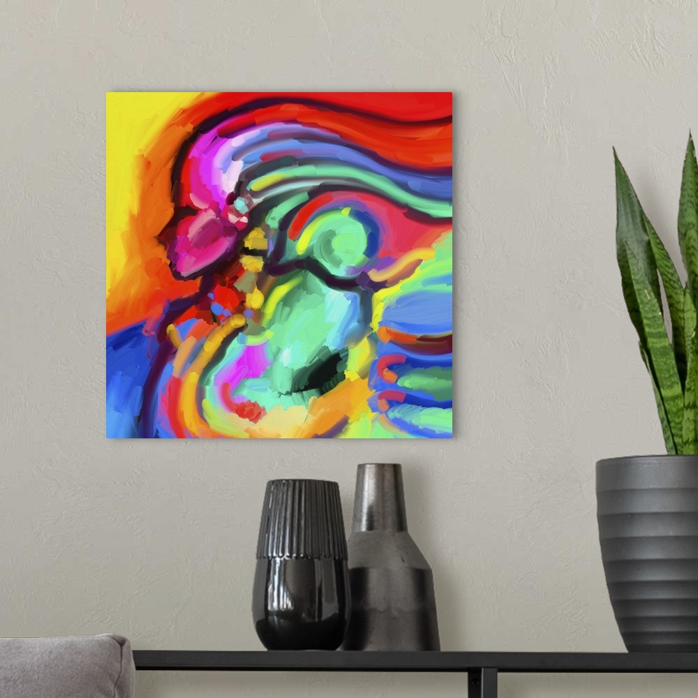 A modern room featuring A contemporary piece of artwork of a female figure in profile surrounded by color.