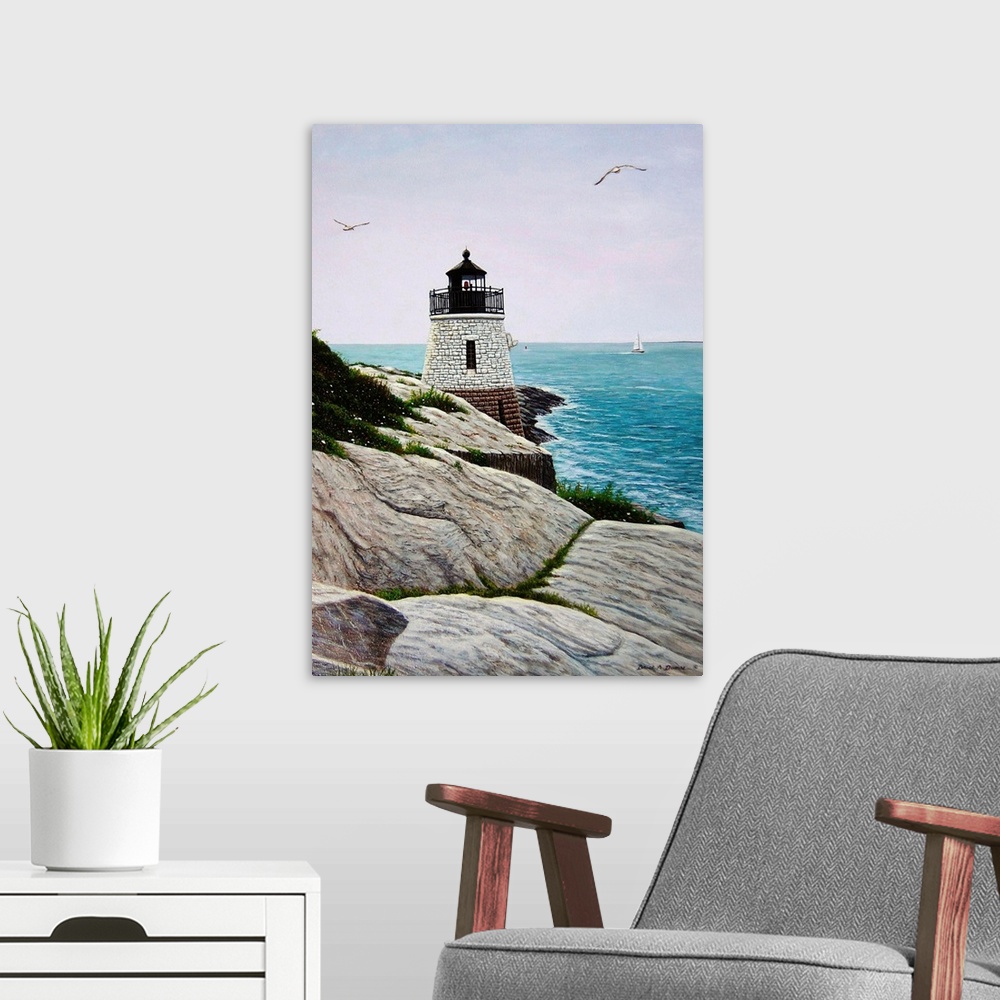 A modern room featuring Contemporary painting of the Castle Hill Lighthouse overlooking the ocean and seagulls in sky.