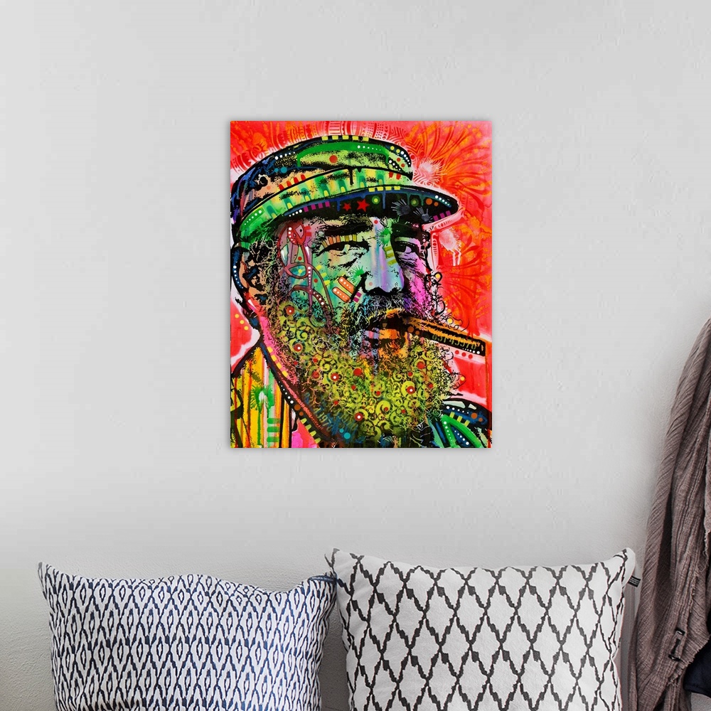 A bohemian room featuring Pop art style painting of Fidel Castro smoking a cigar with different colors and abstract designs...