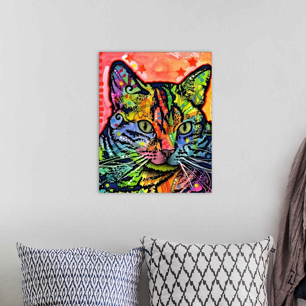 A bohemian room featuring Contemporary stencil painting of a cat filled with various colors and patterns.
