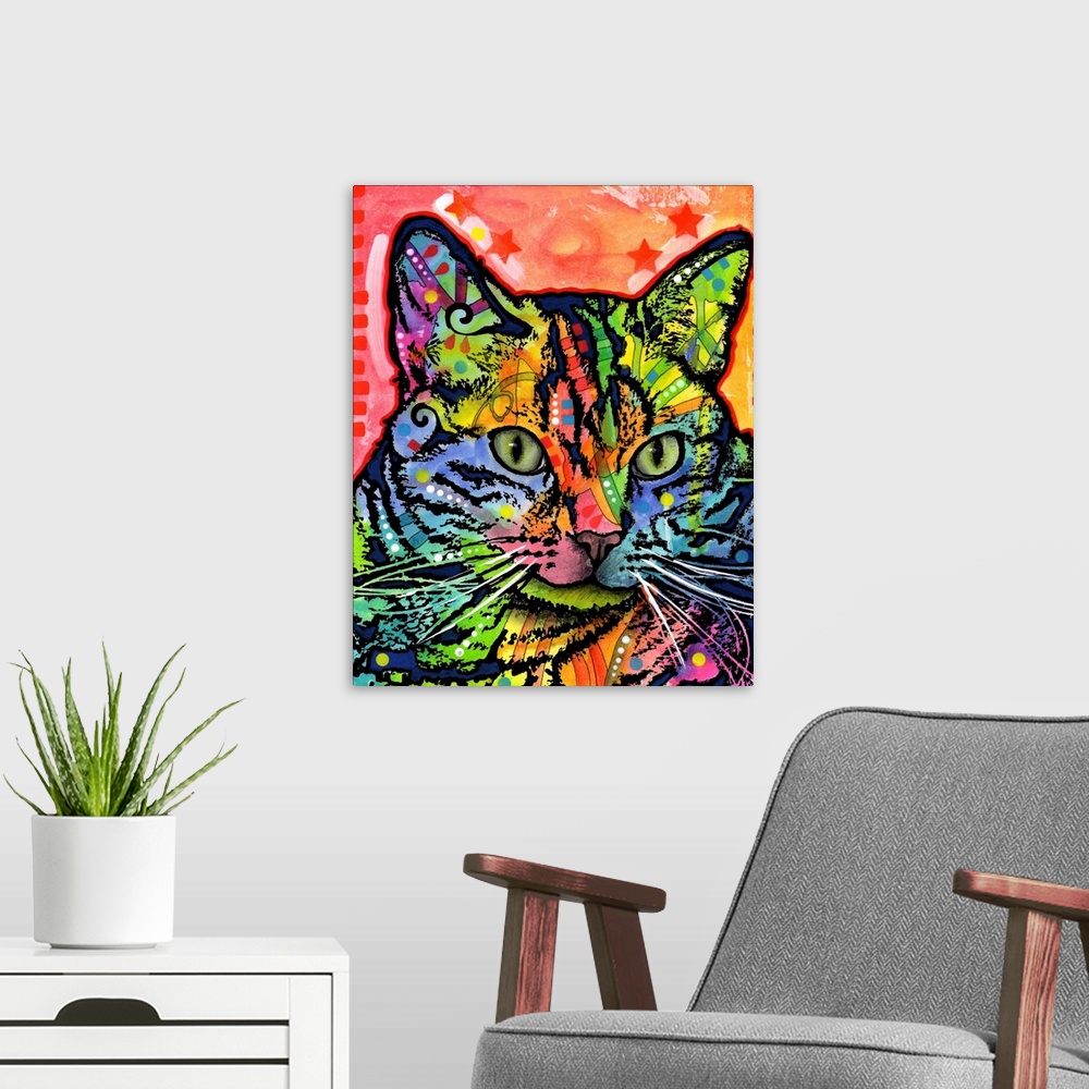 A modern room featuring Contemporary stencil painting of a cat filled with various colors and patterns.
