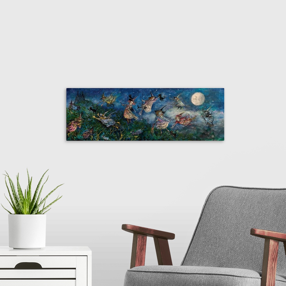A modern room featuring Painting of cats in the night.