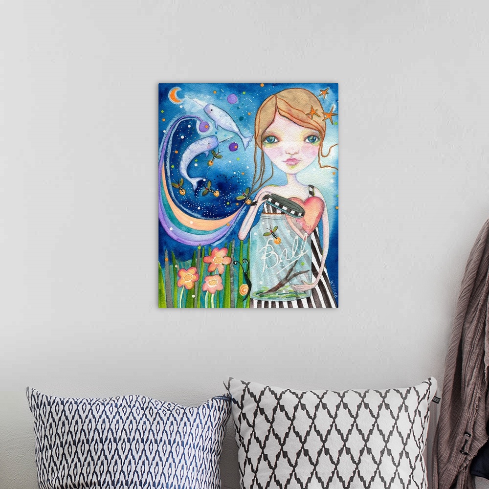 A bohemian room featuring A girl holding a jar with whales flying out of it into the night sky.