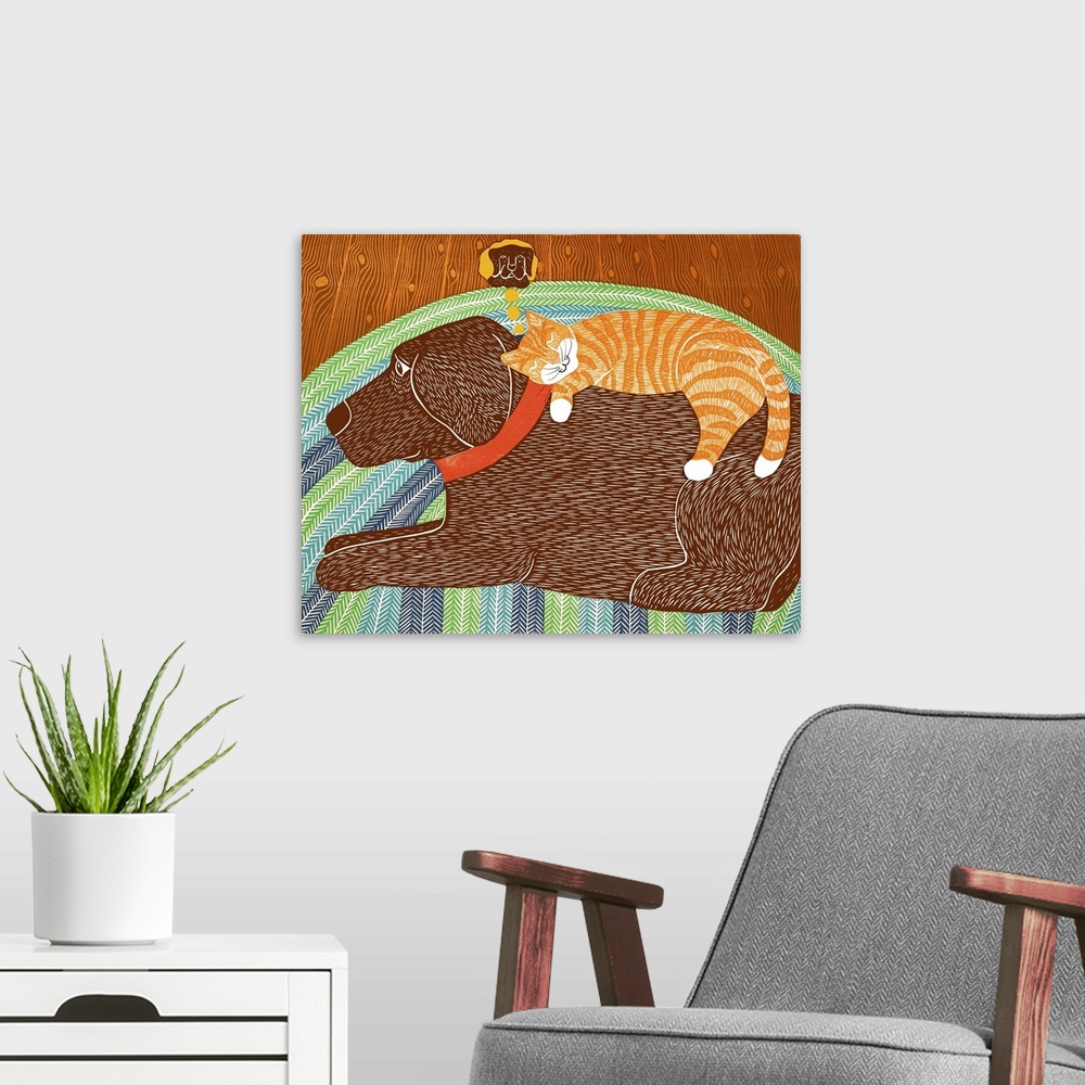 A modern room featuring Illustration of an orange cat sleeping on top of a chocolate lab and dreaming about the dog, whil...