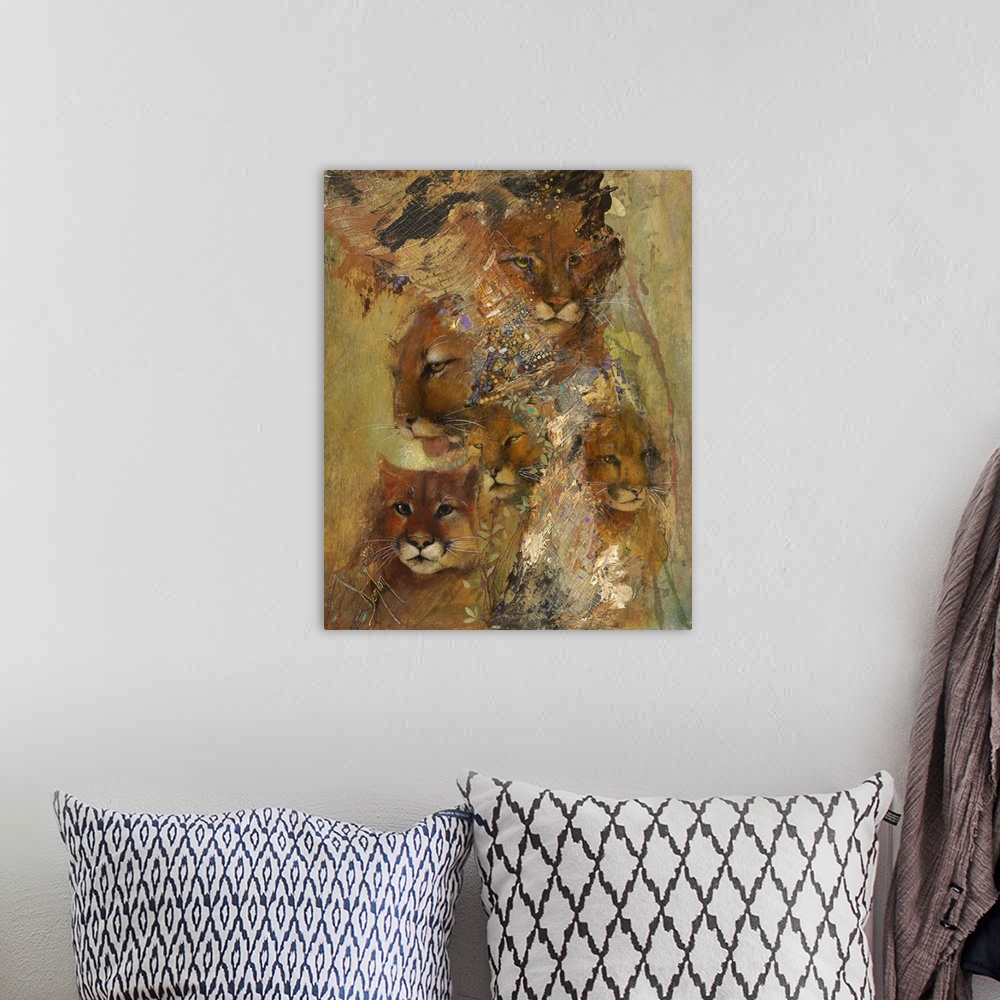 A bohemian room featuring Contemporary painting of wild cats and nature elements.