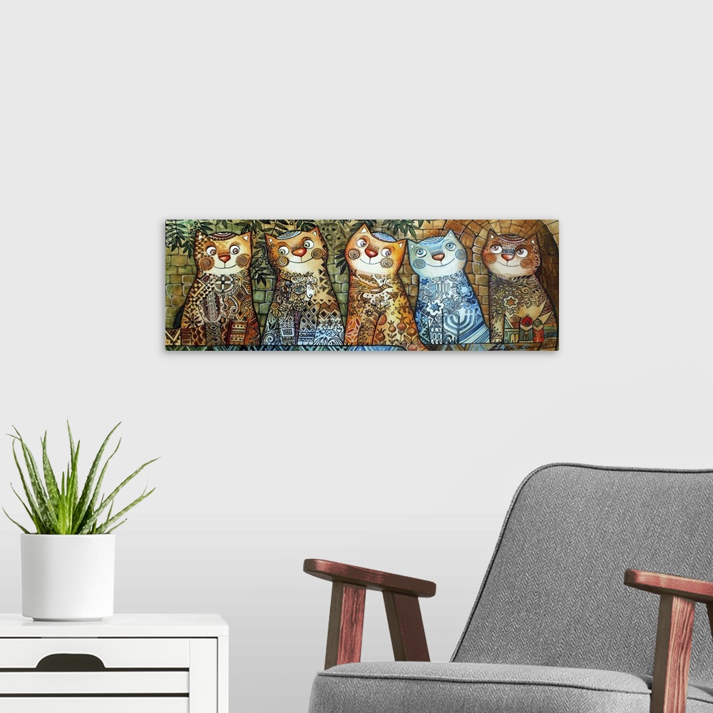 A modern room featuring Five cats in a row, all with delicate floral patterns.