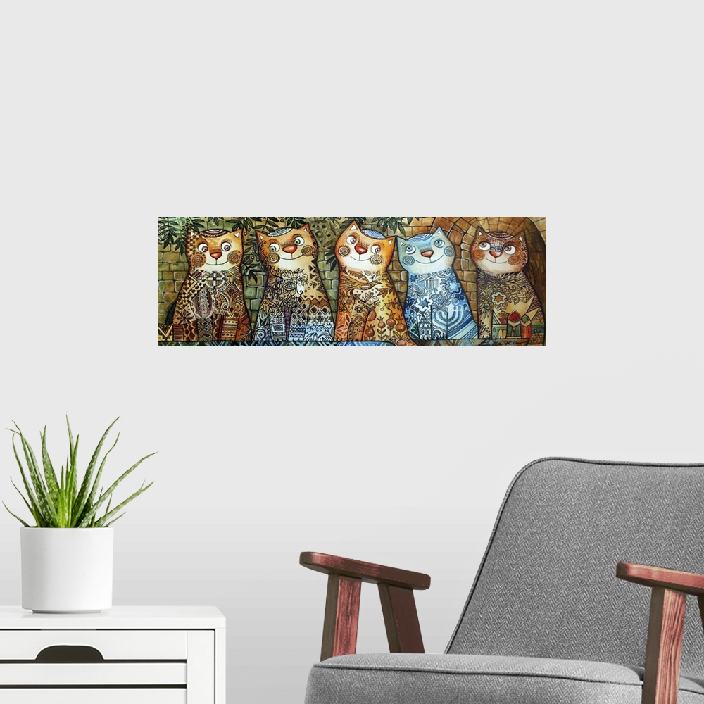 A modern room featuring Five cats in a row, all with delicate floral patterns.