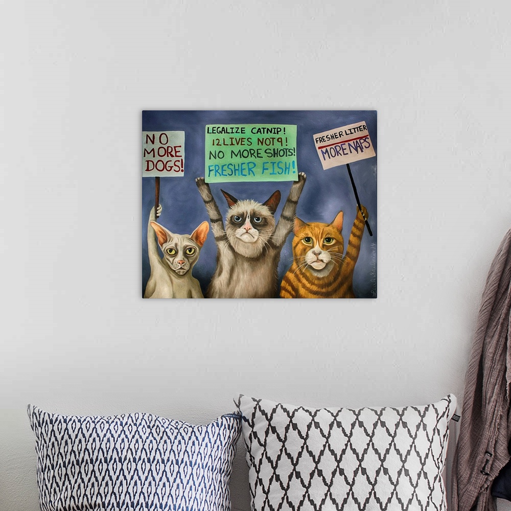 A bohemian room featuring Surrealist painting of a group of cats protesting.