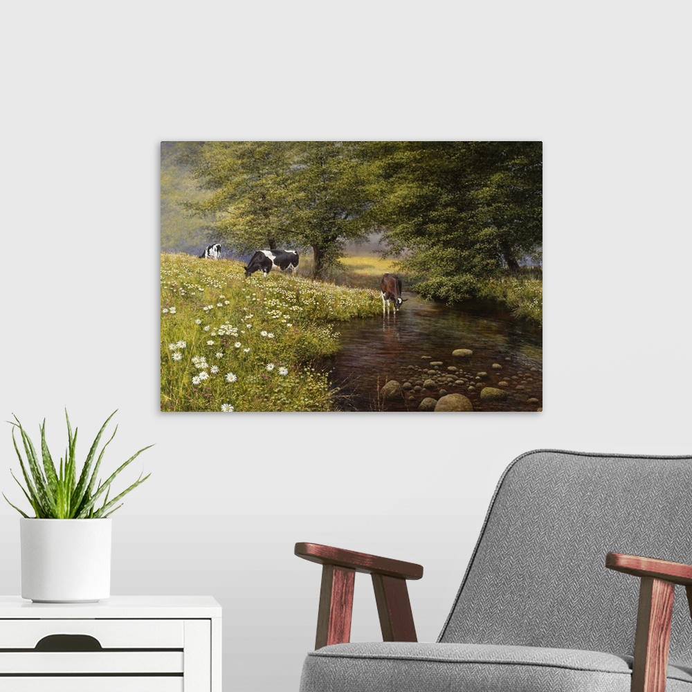 A modern room featuring Cows in field of daisies and drinking at the stream.