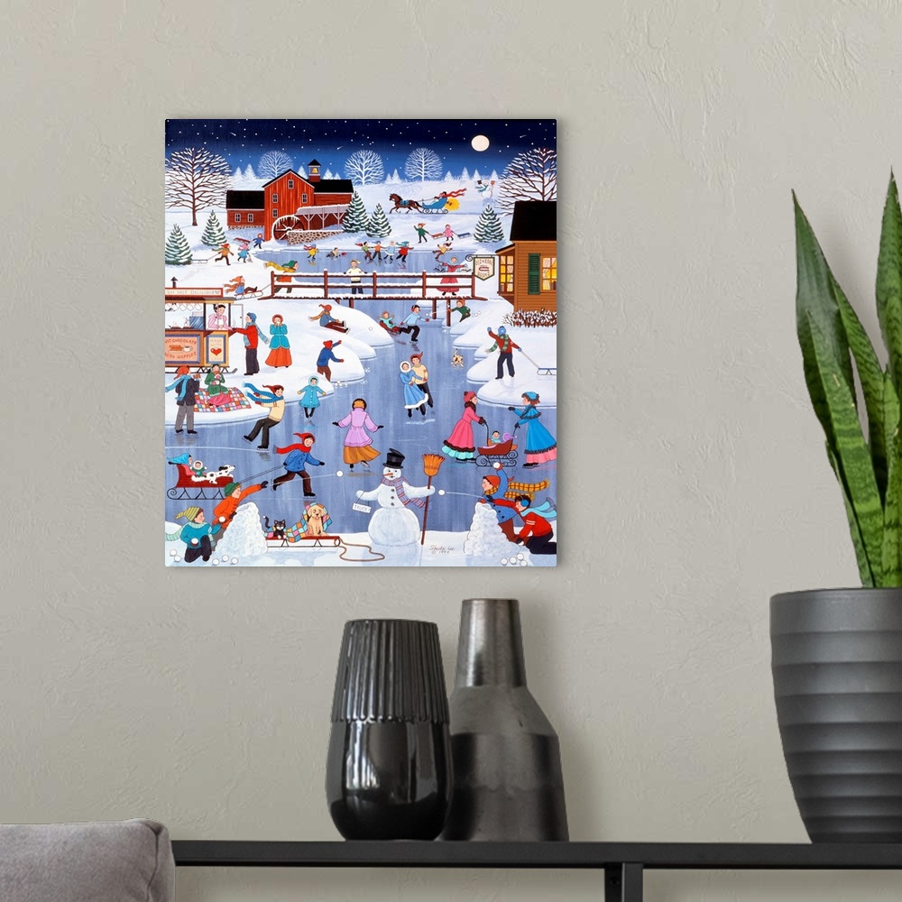A modern room featuring A snowman at the edge of a frozen pond surrounded by children ice skating and throwing snowballs.