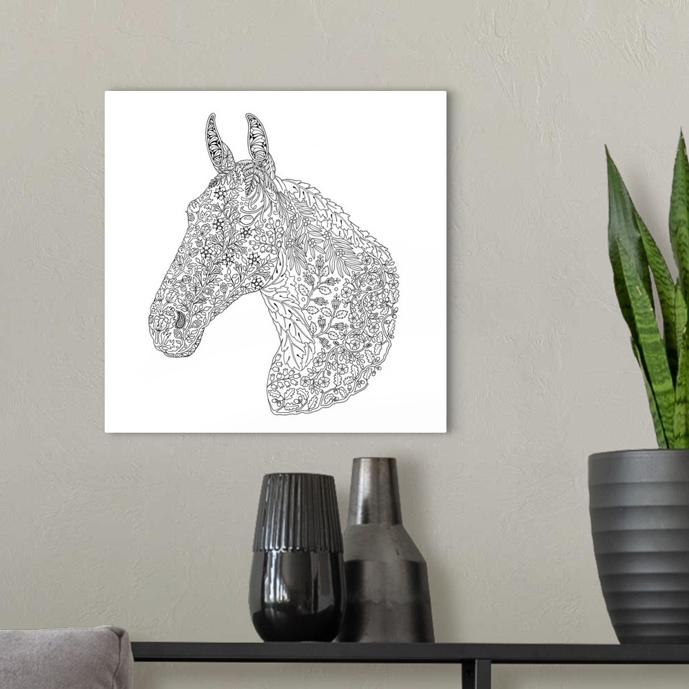 A modern room featuring Black and white line art of a horse made with an intricate floral design.