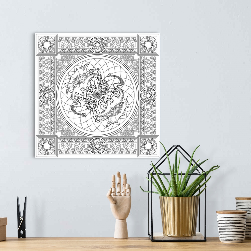 A bohemian room featuring Black and white line art with intricate designs and shapes and two fire breathing dragons in the ...