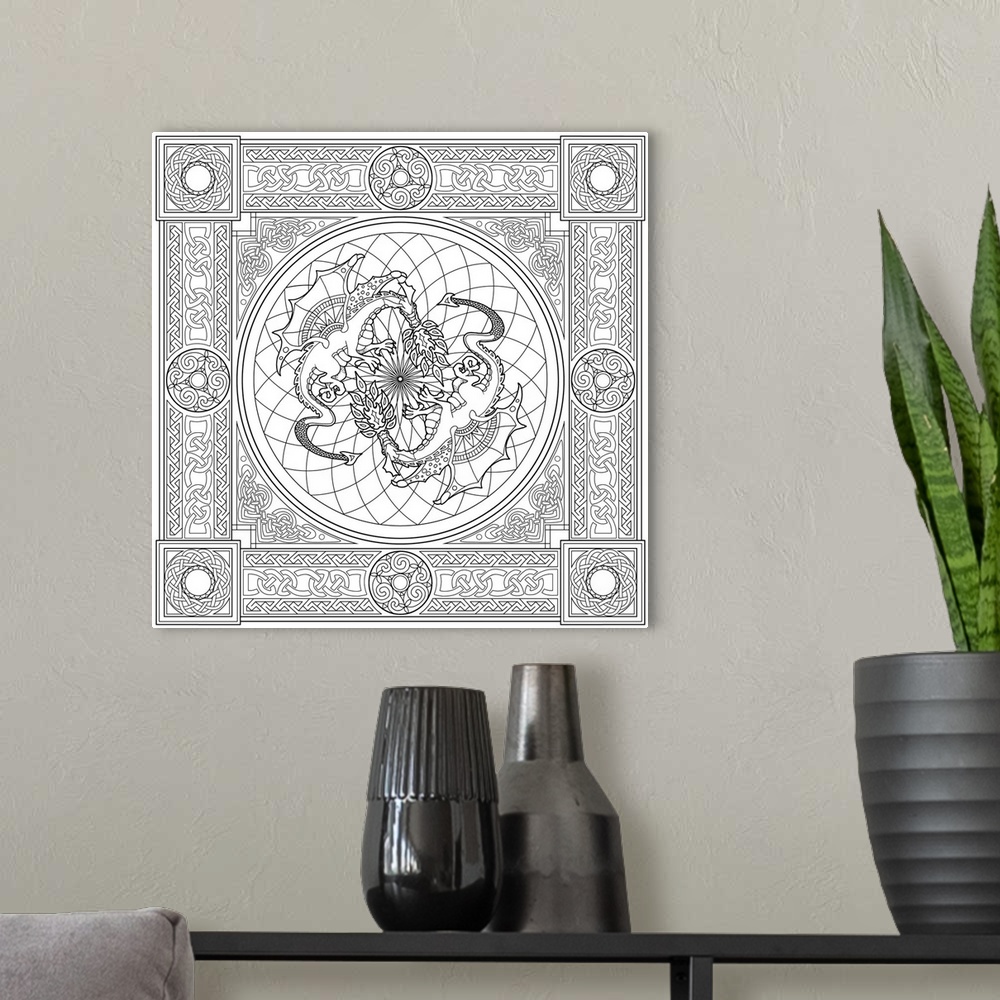 A modern room featuring Black and white line art with intricate designs and shapes and two fire breathing dragons in the ...