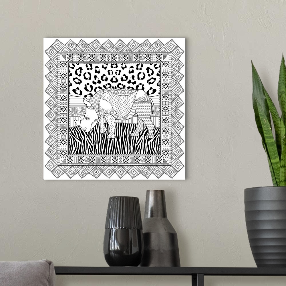 A modern room featuring Black and white line art with an animal print background and a rhinoceros in the center inside a ...