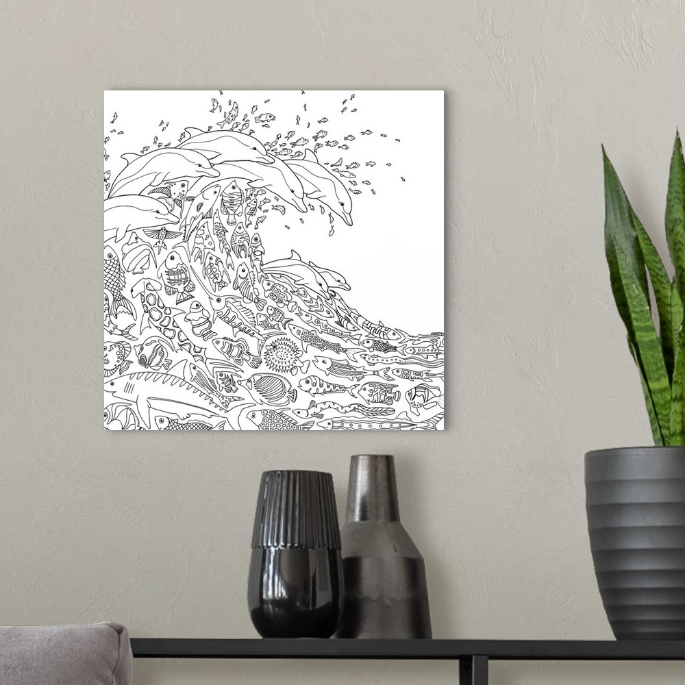 A modern room featuring Black and white line art of a giant wave made out of different types of fish and dolphins.