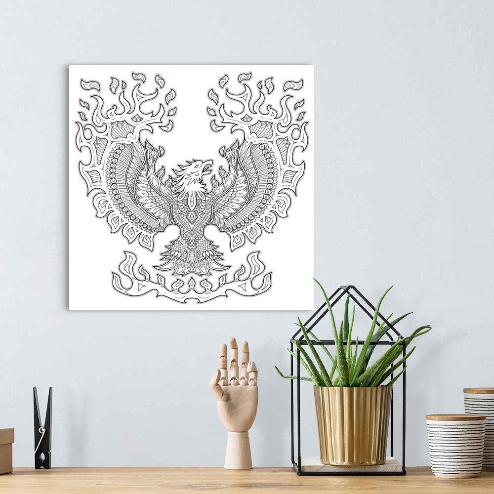 A bohemian room featuring Black and white line art of an intricately designed phoenix surrounded by fire.