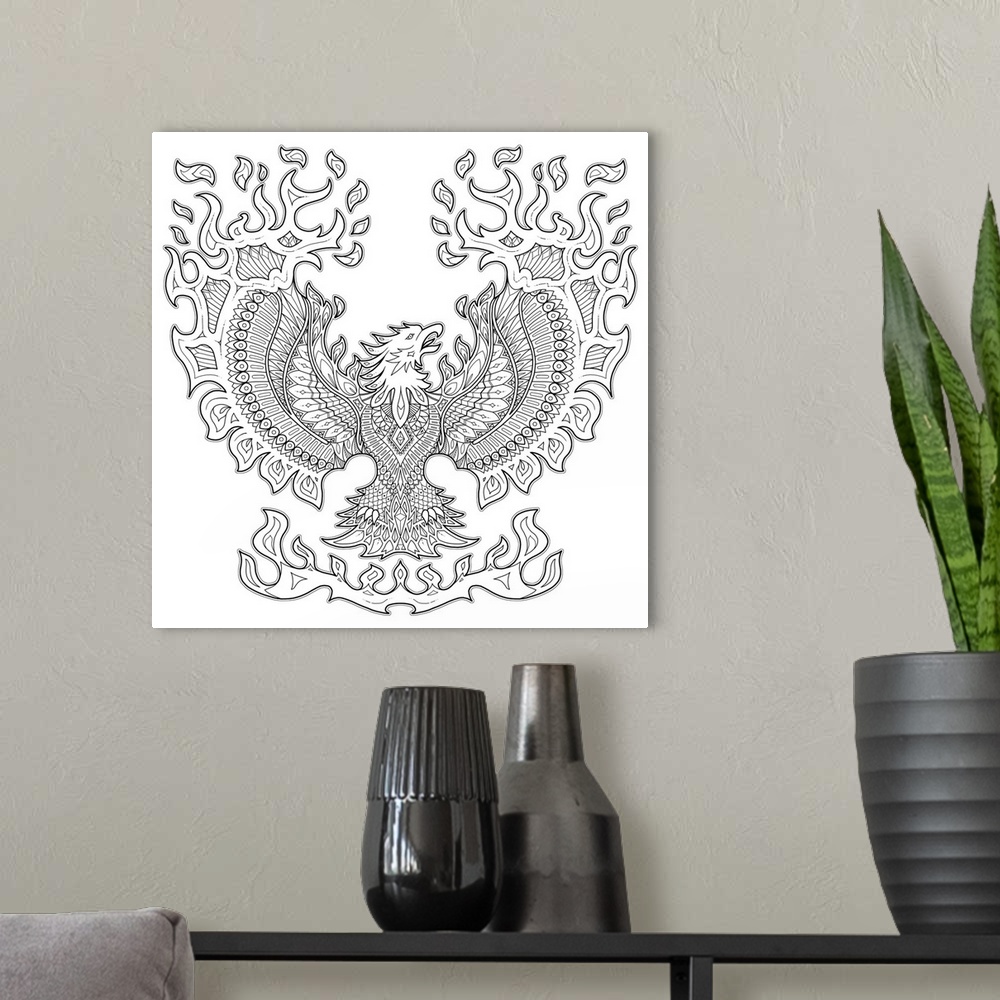 A modern room featuring Black and white line art of an intricately designed phoenix surrounded by fire.