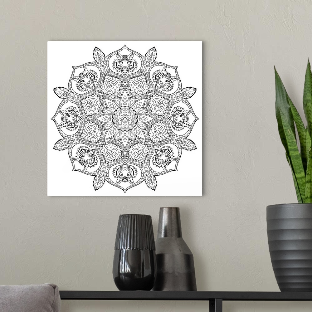 A modern room featuring Black and white line art of an intricately designed mandala with tigers on each point.