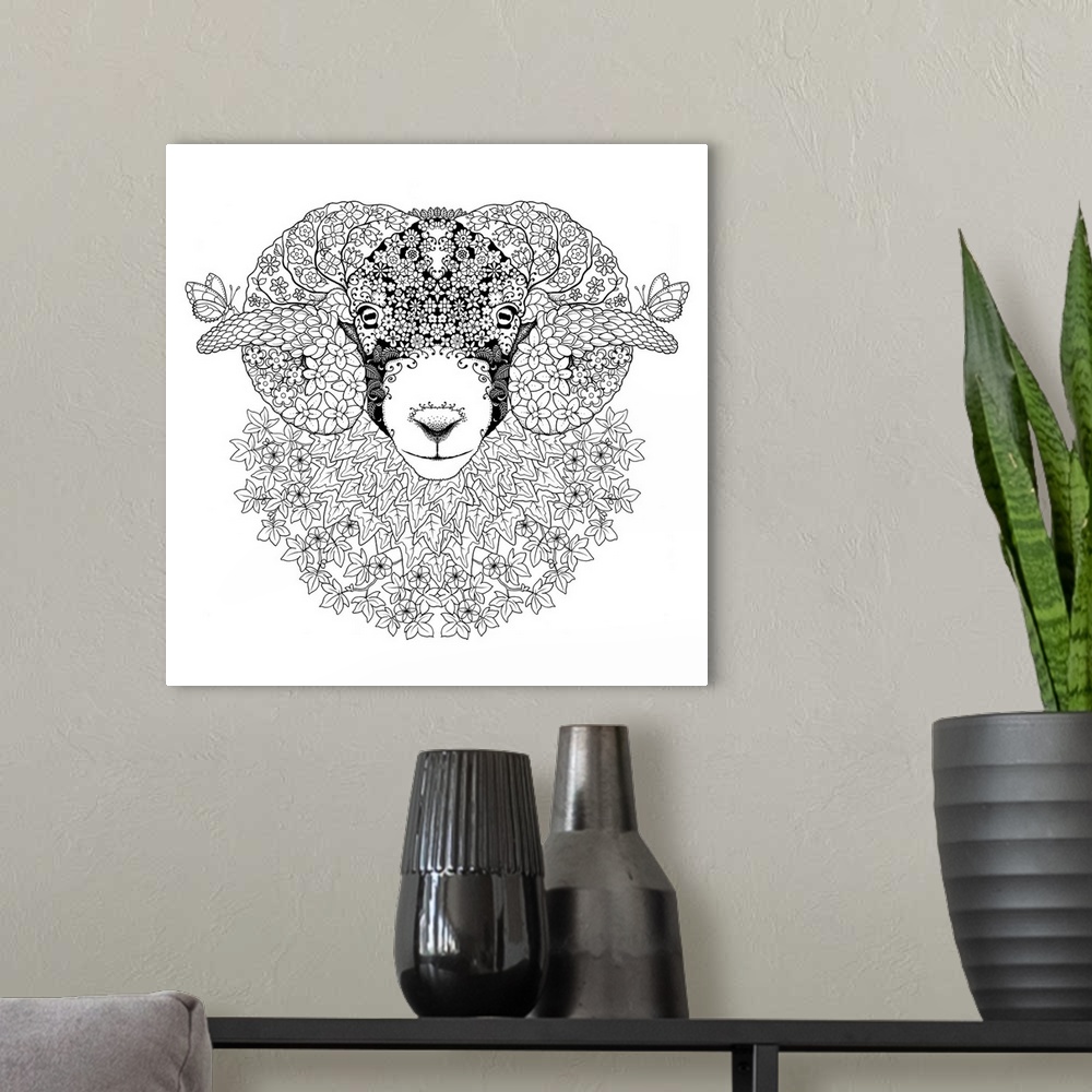 A modern room featuring Black and white line art of an intricately designed ram made of flowers and surrounded by flowers.