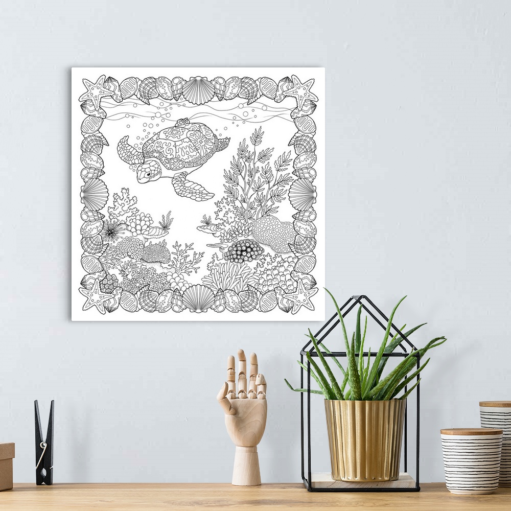 A bohemian room featuring Black and white line art of an under the sea scene with a sea turtle, coral, seaweed, and a seash...