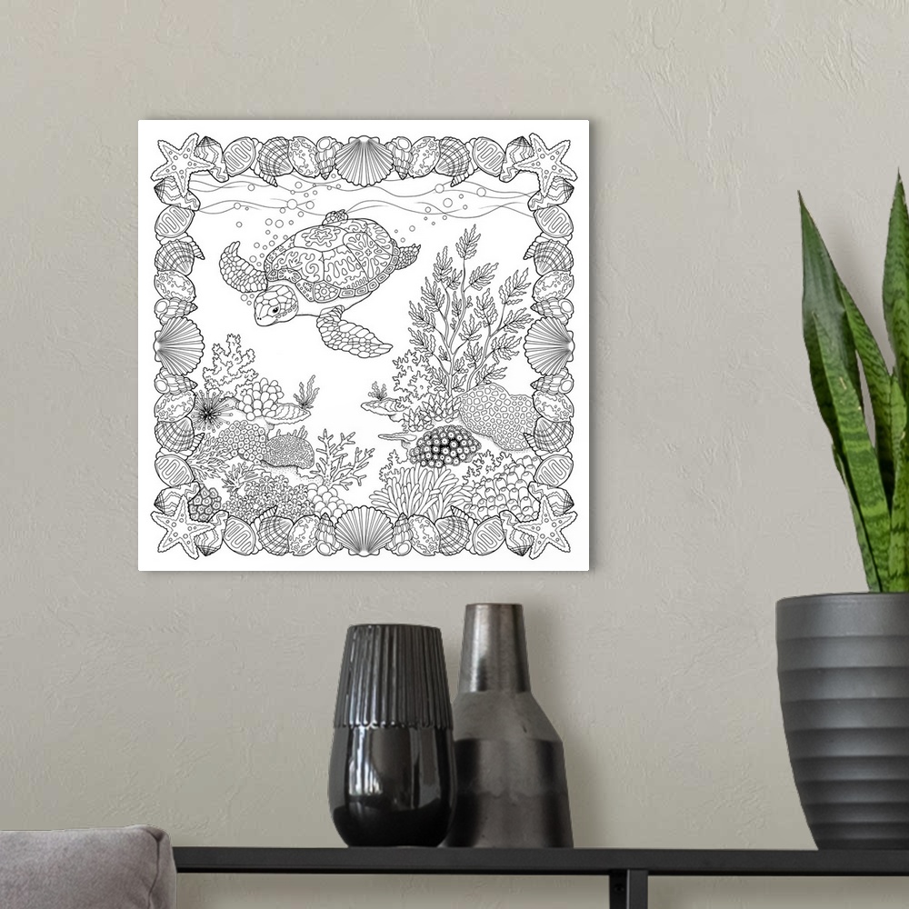 A modern room featuring Black and white line art of an under the sea scene with a sea turtle, coral, seaweed, and a seash...