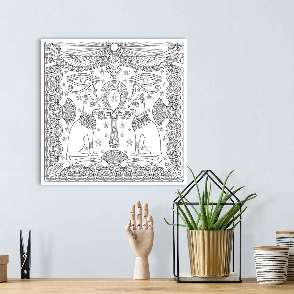 A bohemian room featuring Contemporary line art design with Egyptian cats and intricate designs.