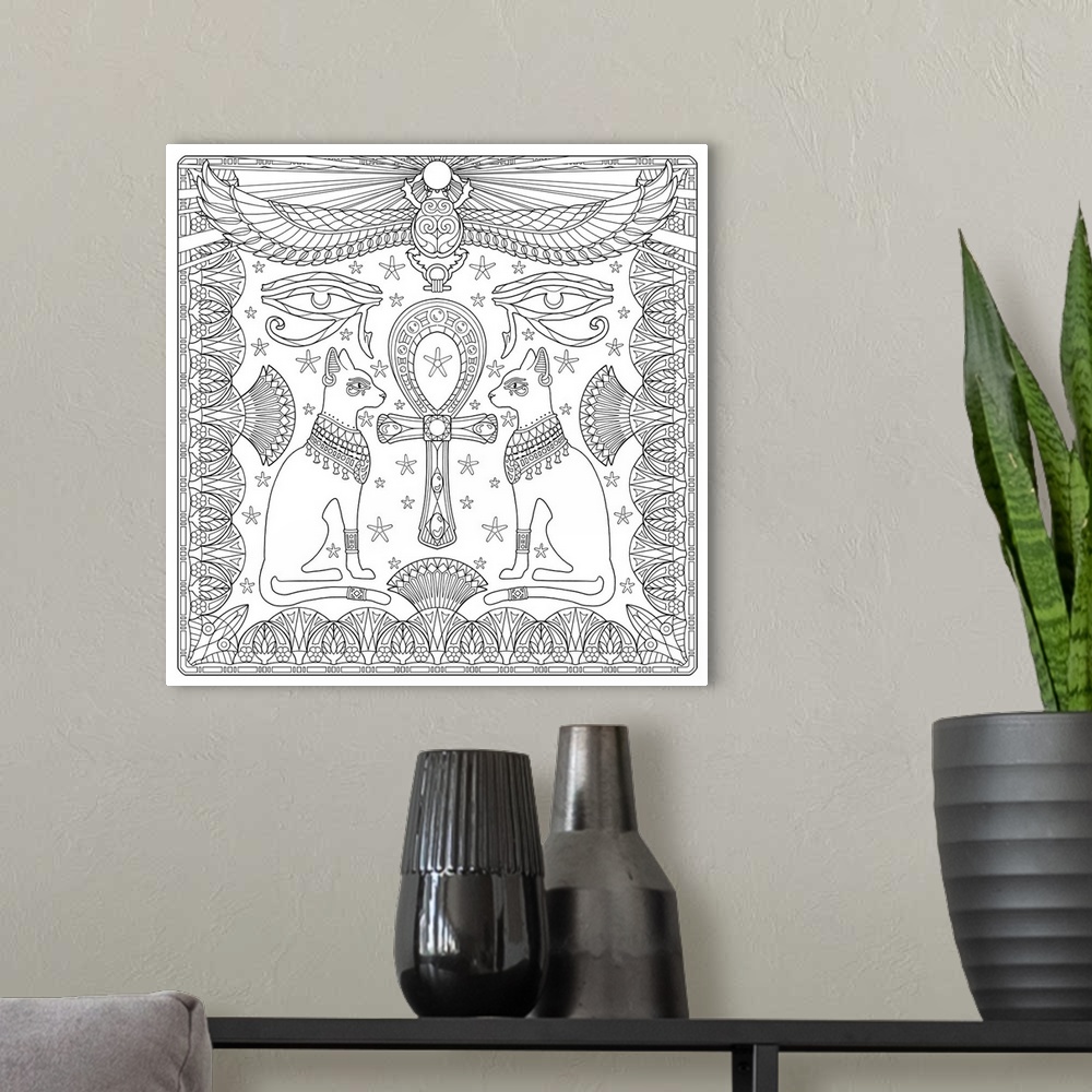 A modern room featuring Contemporary line art design with Egyptian cats and intricate designs.