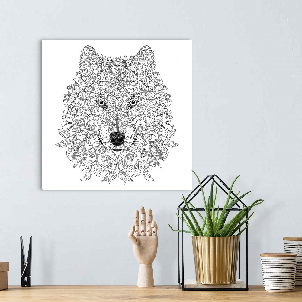 A bohemian room featuring Black and white line art of a wolf made out of leaves, branches, flowers and mushrooms.