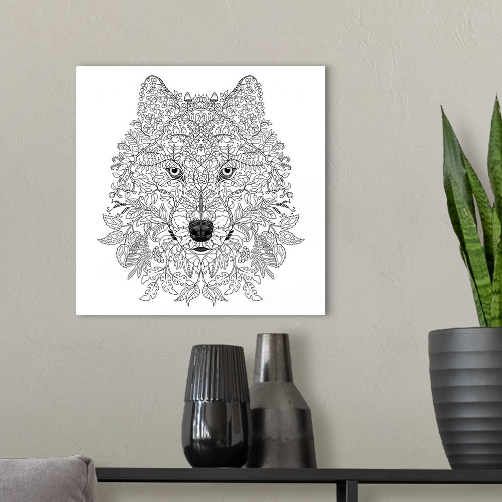 A modern room featuring Black and white line art of a wolf made out of leaves, branches, flowers and mushrooms.