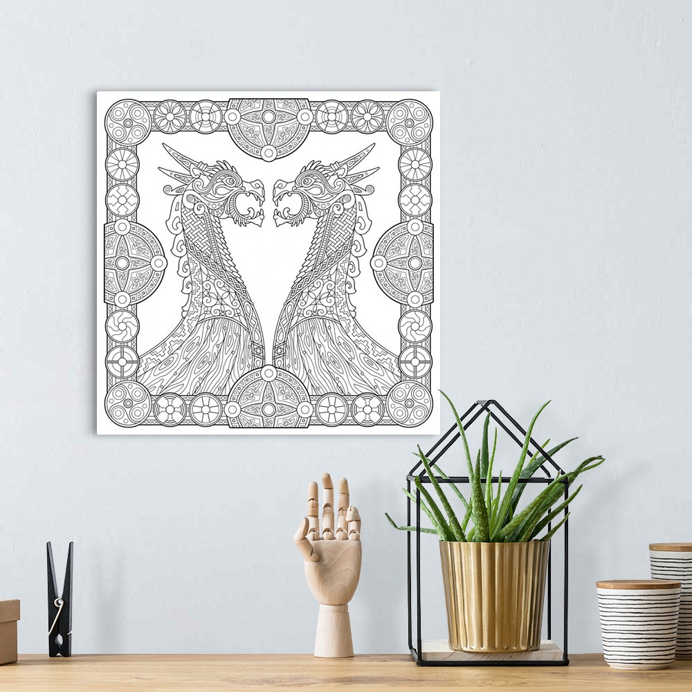 A bohemian room featuring Black and white line art of two Viking long-ships with dragon tips coming together inside a Celti...