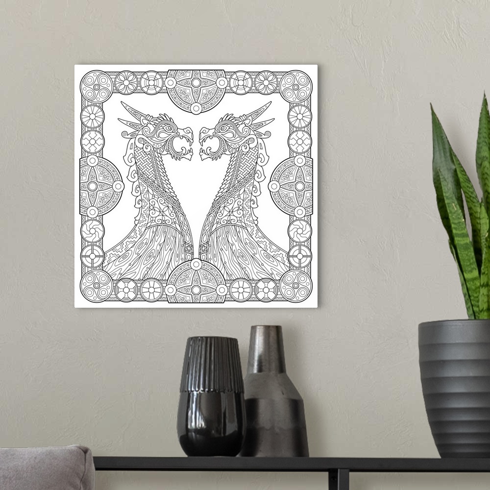 A modern room featuring Black and white line art of two Viking long-ships with dragon tips coming together inside a Celti...