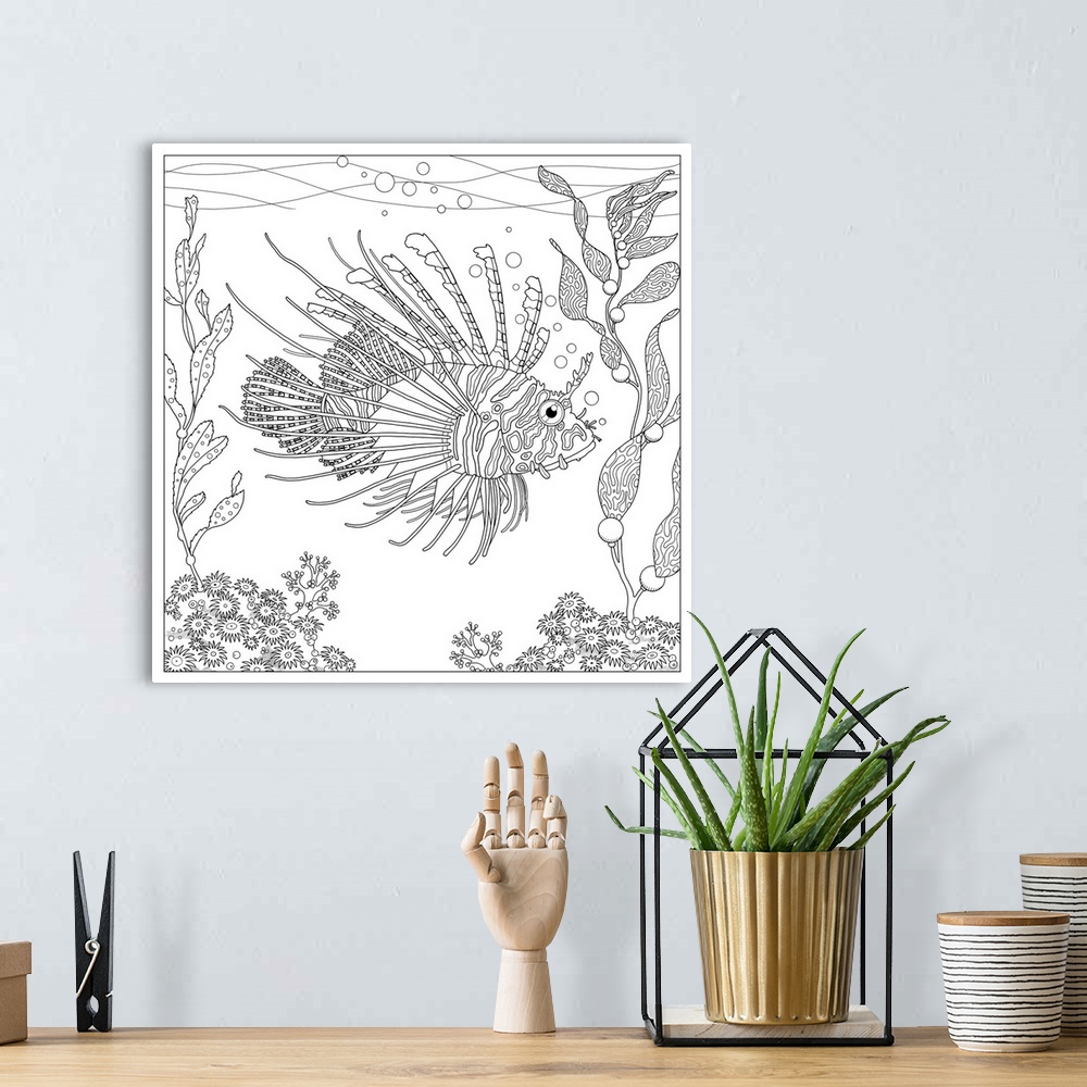 A bohemian room featuring Black and white line art of a lionfish swimming underwater.