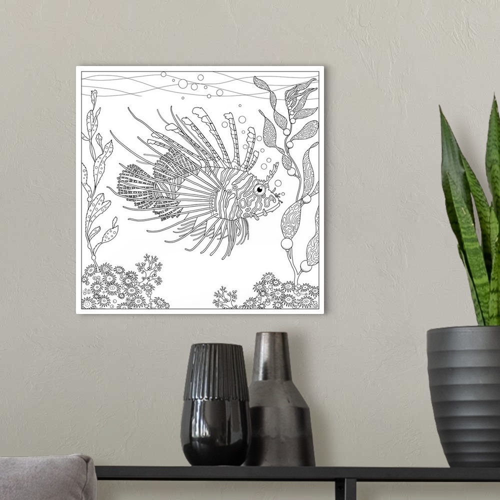 A modern room featuring Black and white line art of a lionfish swimming underwater.