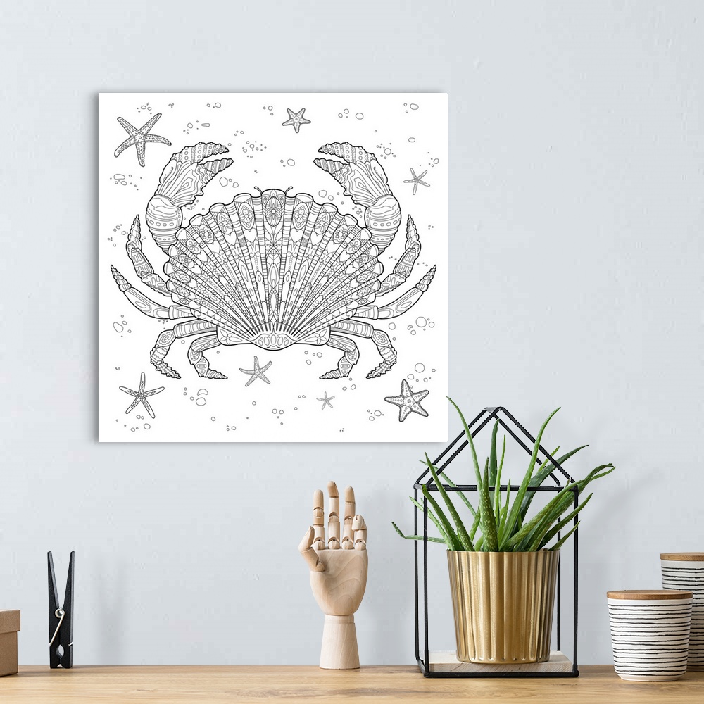 A bohemian room featuring Black and white line art of an intricately designed crab with a seashell body surrounded by starf...