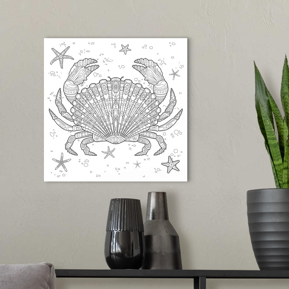 A modern room featuring Black and white line art of an intricately designed crab with a seashell body surrounded by starf...