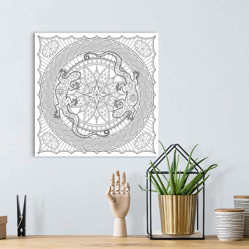 A bohemian room featuring Black and white line art with geometric shapes and patterns and two lizards.