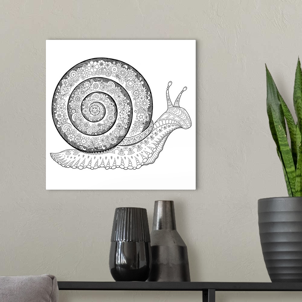 A modern room featuring Black and white line art of an intricately designed snail with a shell made of floral print.