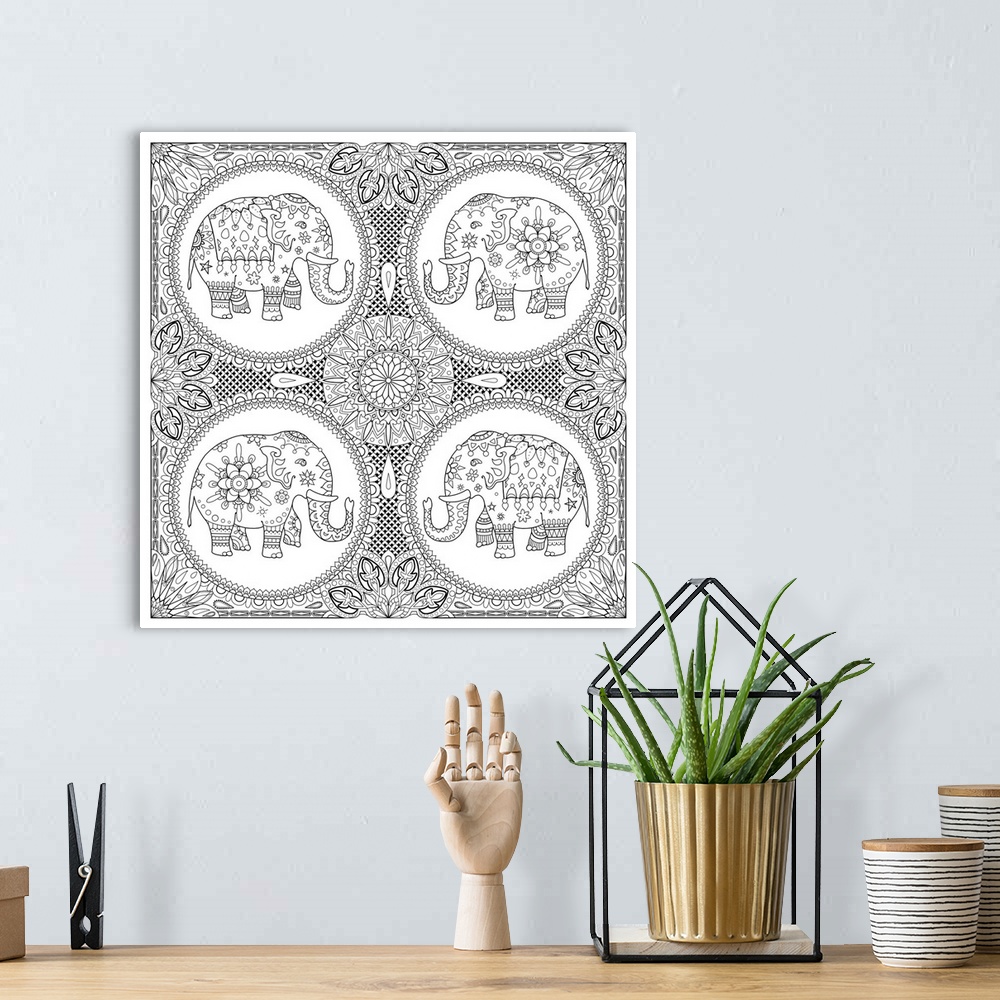 A bohemian room featuring Black and white line art with intricate designs and four circles with uniquely patterned elephant...