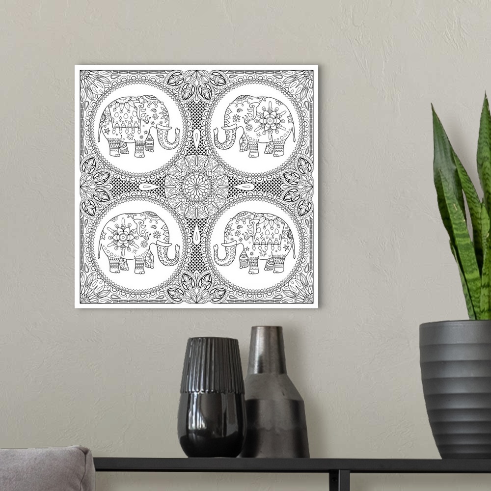 A modern room featuring Black and white line art with intricate designs and four circles with uniquely patterned elephant...