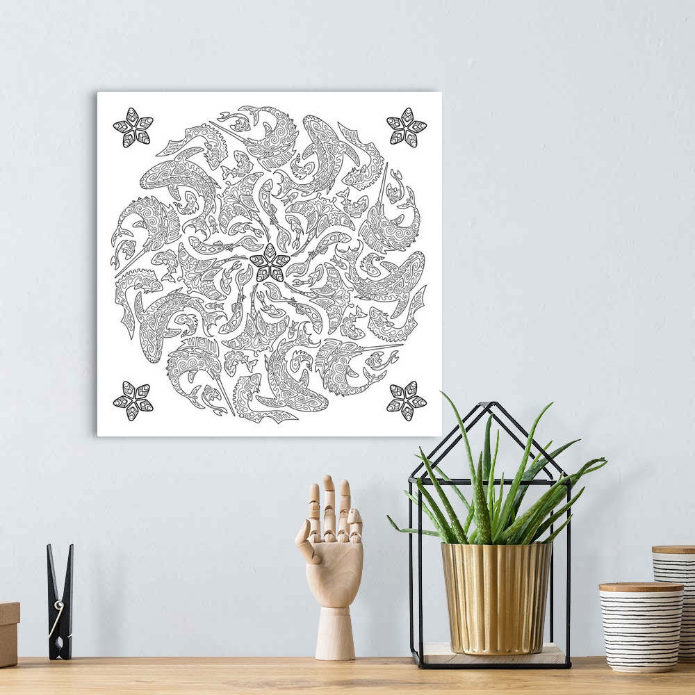 A bohemian room featuring Black and white line art of a unique mandala made out of different types of ocean animals such as...