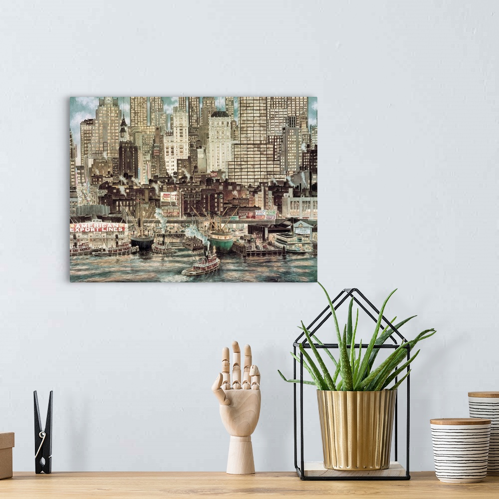 A bohemian room featuring Contemporary painting of a harbor, with a city skyline in the background.
