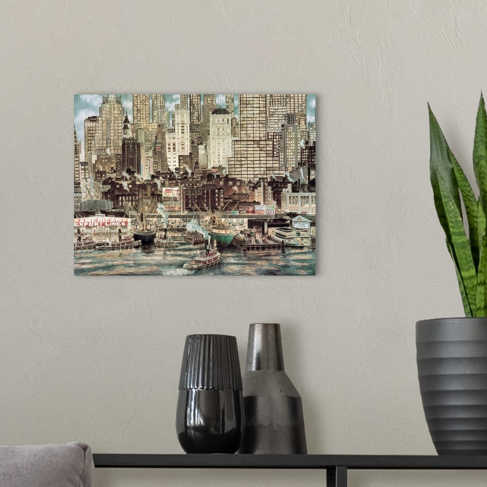 A modern room featuring Contemporary painting of a harbor, with a city skyline in the background.