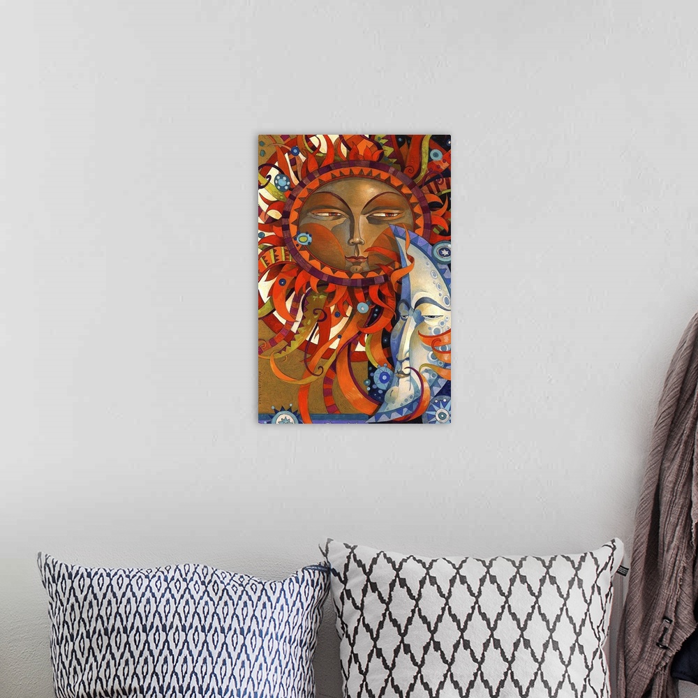A bohemian room featuring Contemporary artwork of a sun with a face and sun rays fanning out in all directions, next to a m...